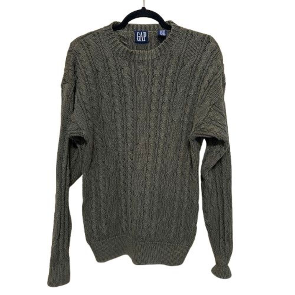 VTG Gap Cable Chunky Knit Fisherman Sweater Mens Small Olive Green Jumper Y2K